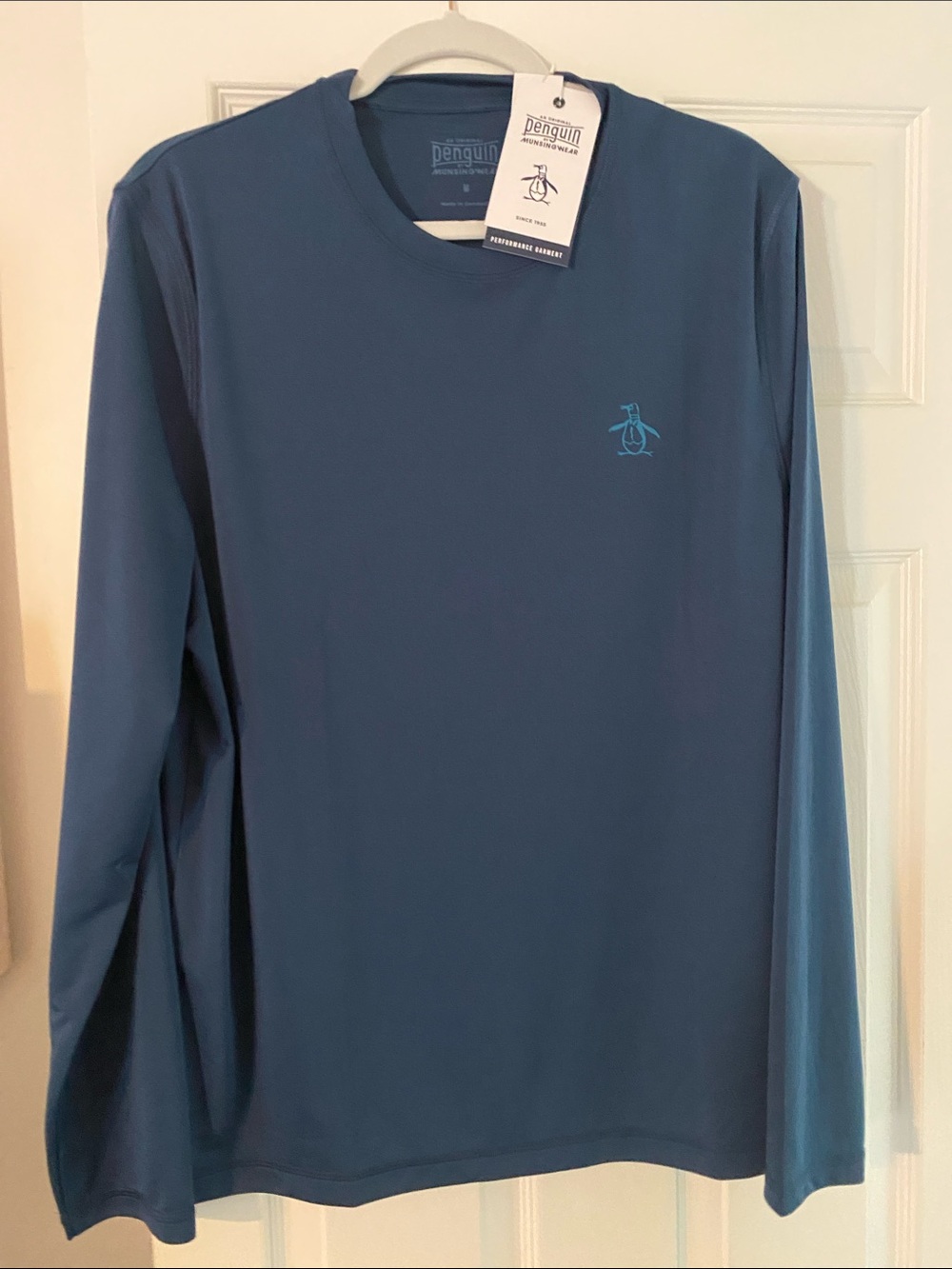 Original Penguin Long-Sleeve Crew Shirt in Blue with Teal Logo